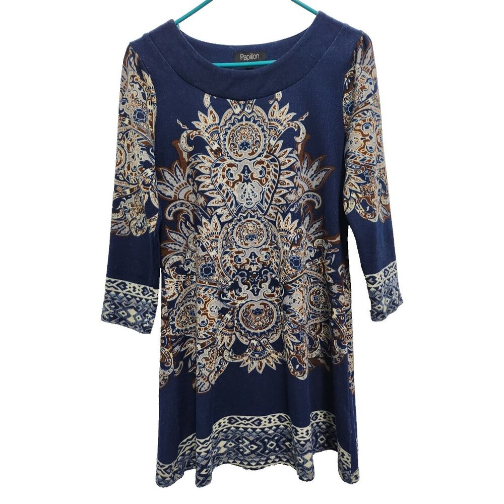 Papillon Womens BOHO Sweater Dress Medium Blue Floral‎ Long Sleeve Mini Pullover